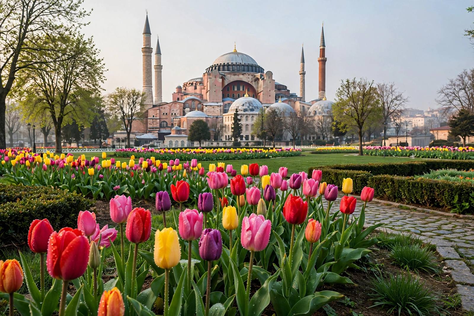 Tulips in Sultanahmet park with Hagia Sophia in spring