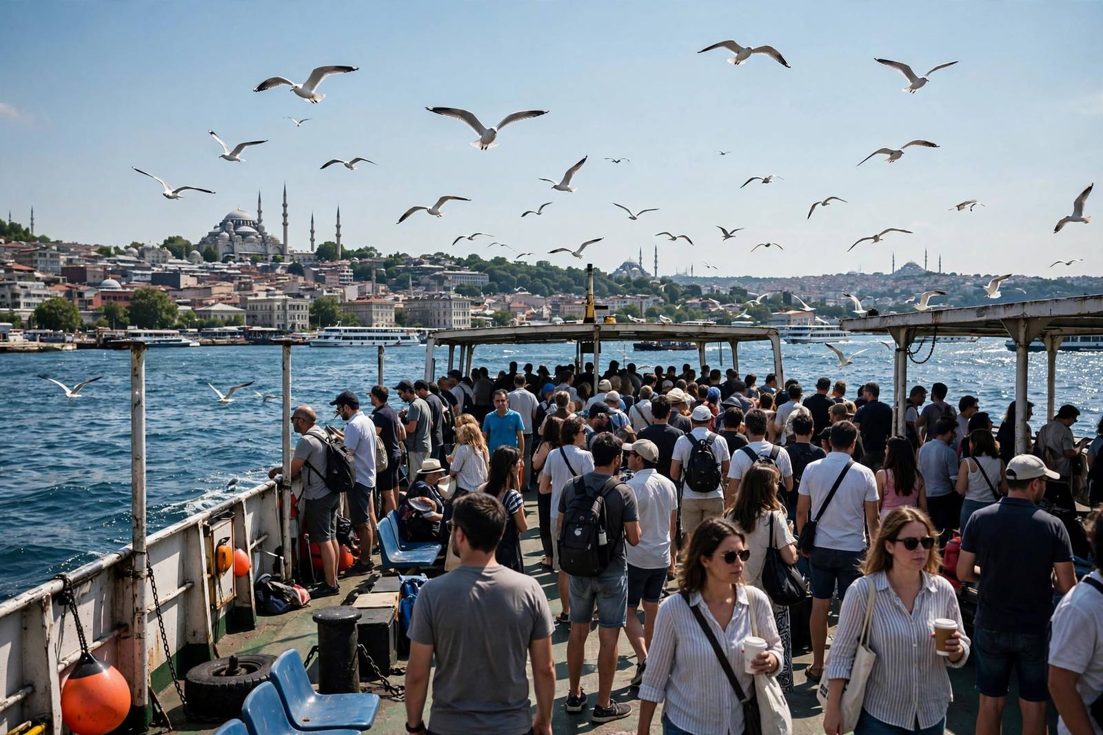 Crowded Bosphorus ferry in Istanbul summer