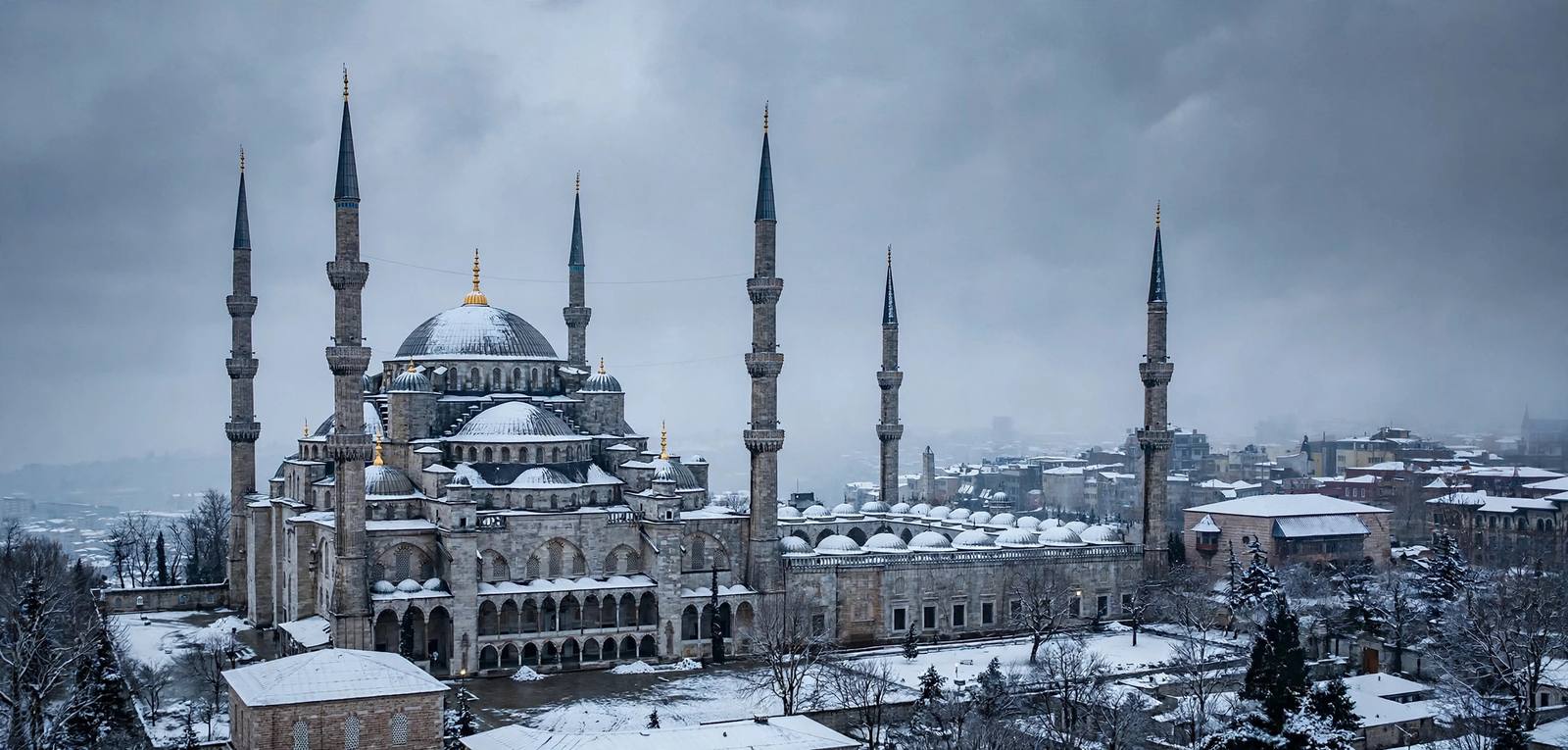 Blue Mosque in light snow on a winter day