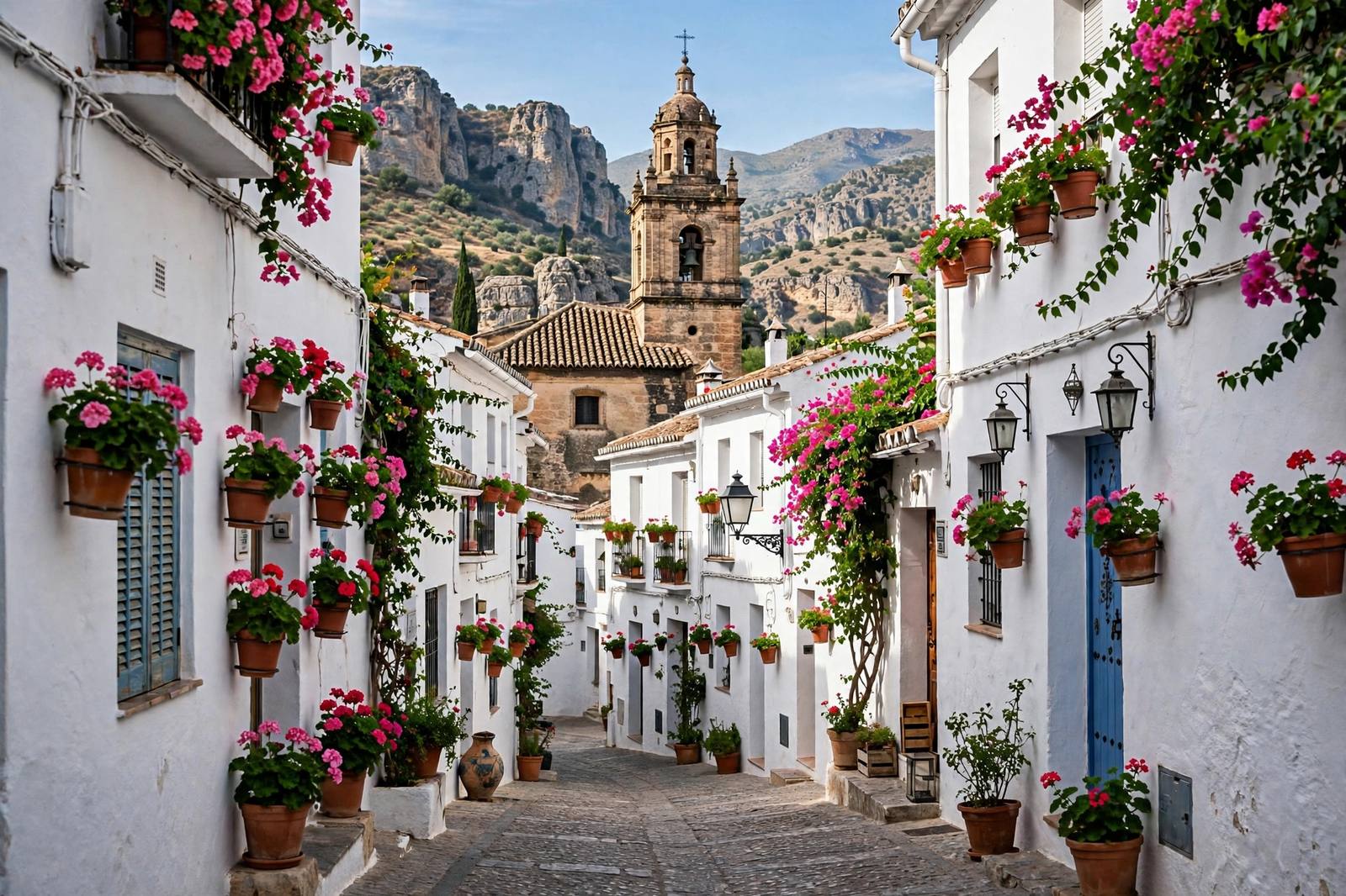 Whitewashed village street with flower pots in Andalusia, Spain