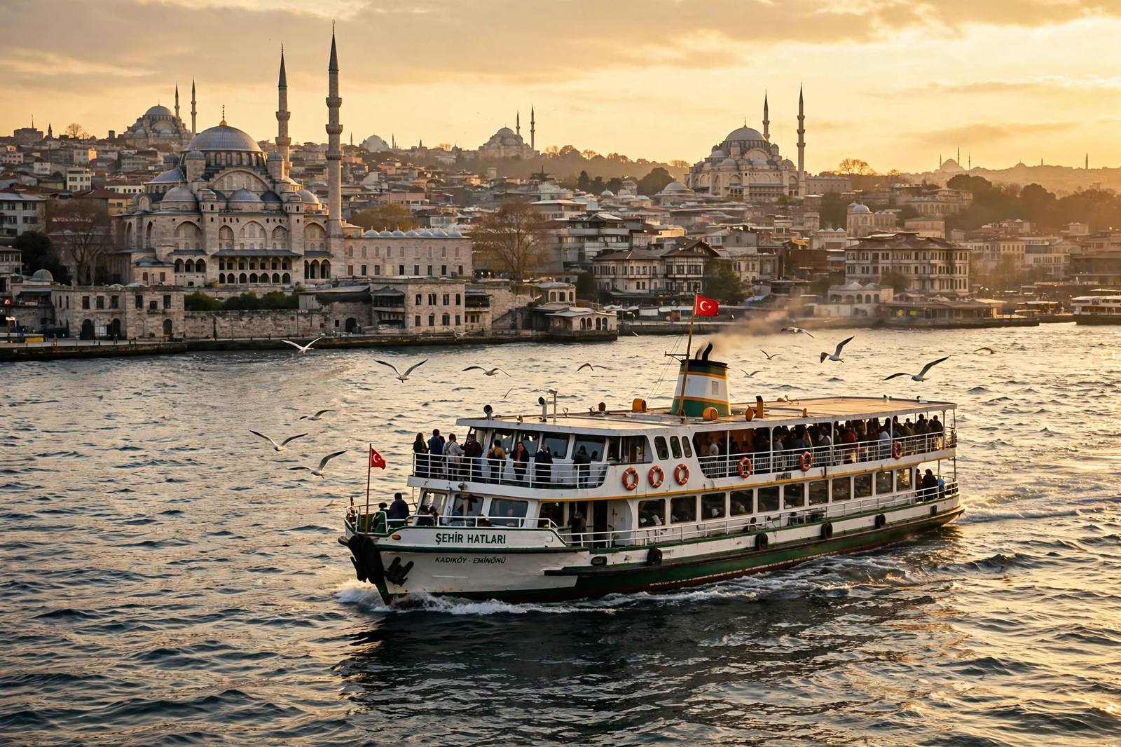 Ferry crossing the Bosphorus in Istanbul with historic mosques at golden hour