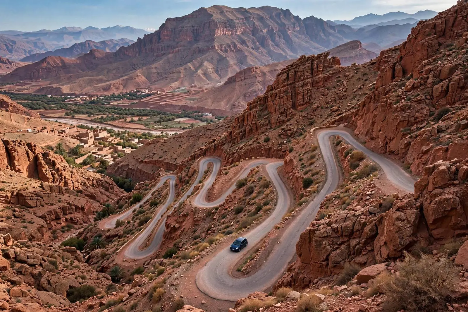Winding mountain road through Dades Valley with red rock cliffs, Morocco