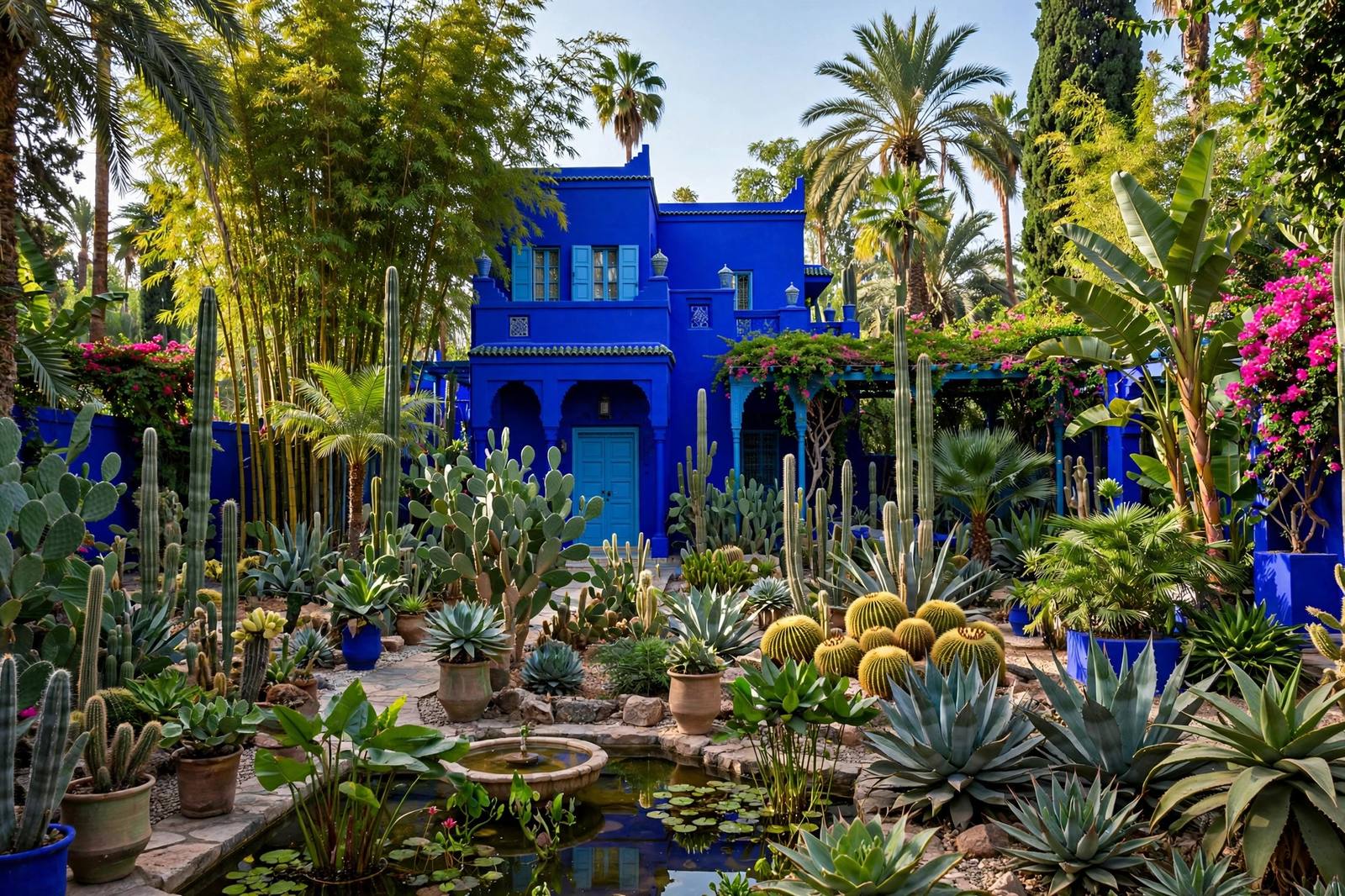 Jardin Majorelle cobalt blue villa with cactus garden