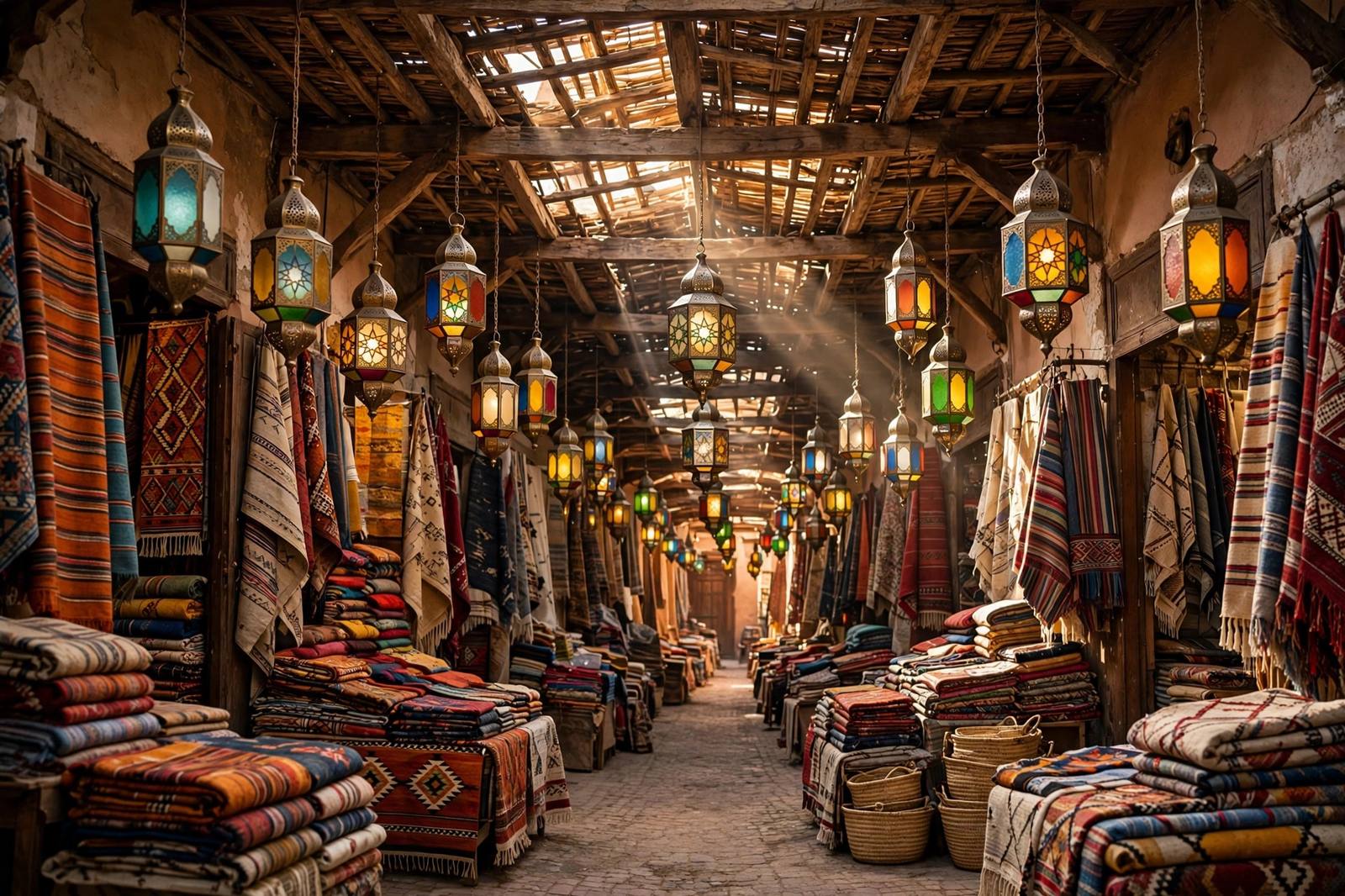 Marrakech souk lane with lanterns and textile stalls