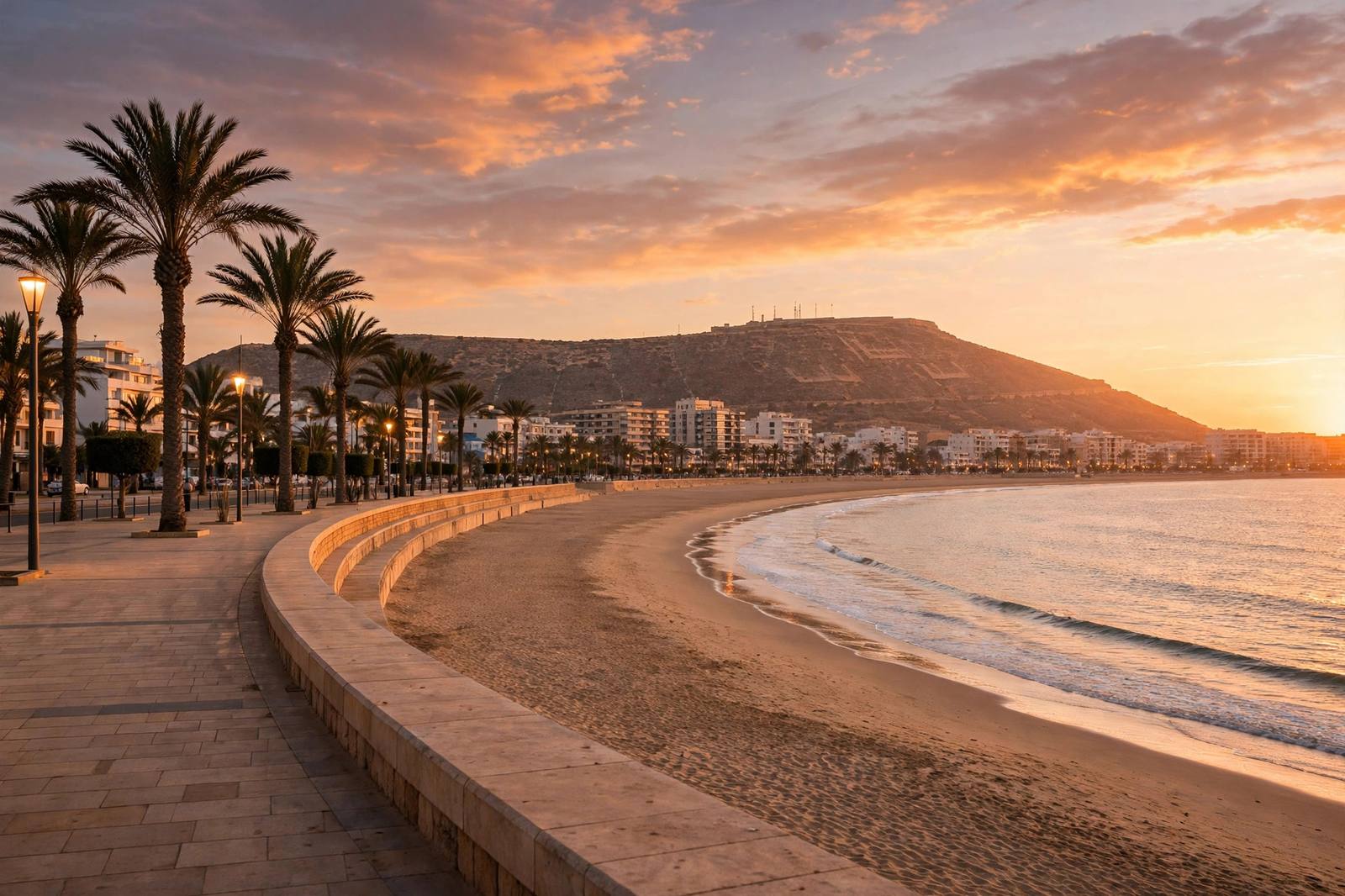 Agadir beach promenade at sunset with palm trees