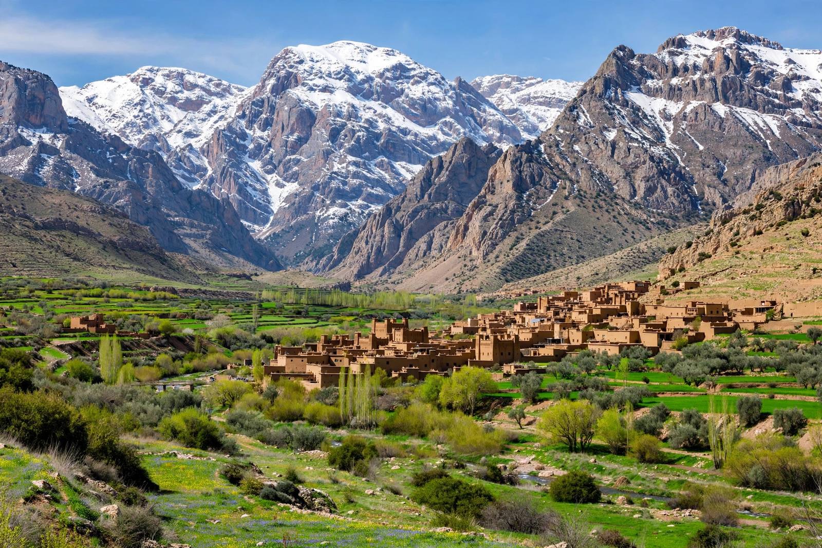 High Atlas mountains with Berber village in spring
