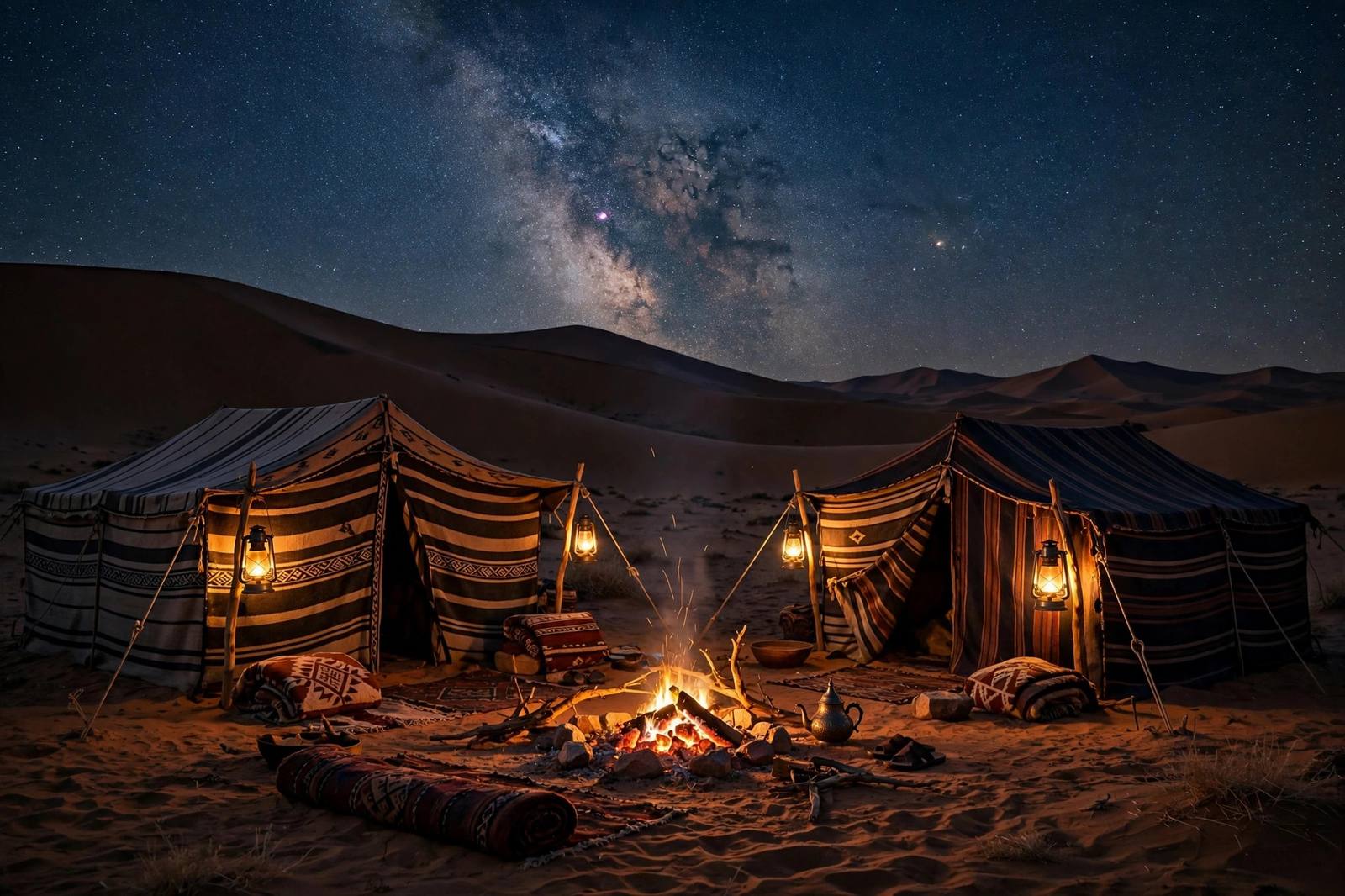 Berber desert camp under starry sky in the Sahara, Morocco