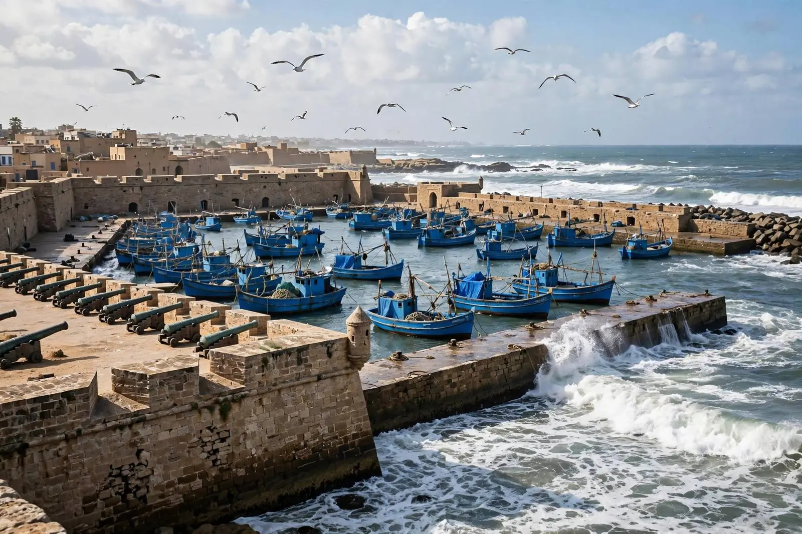Essaouira port ramparts with blue fishing boats