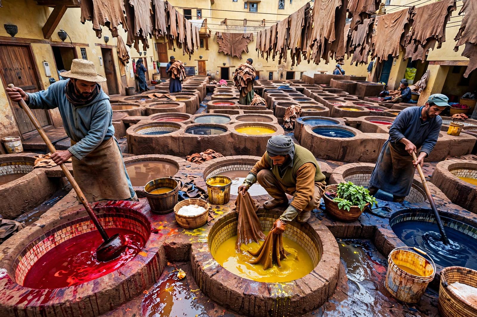 Chouara tanneries stone dye pits with colorful dyes in Fes, Morocco