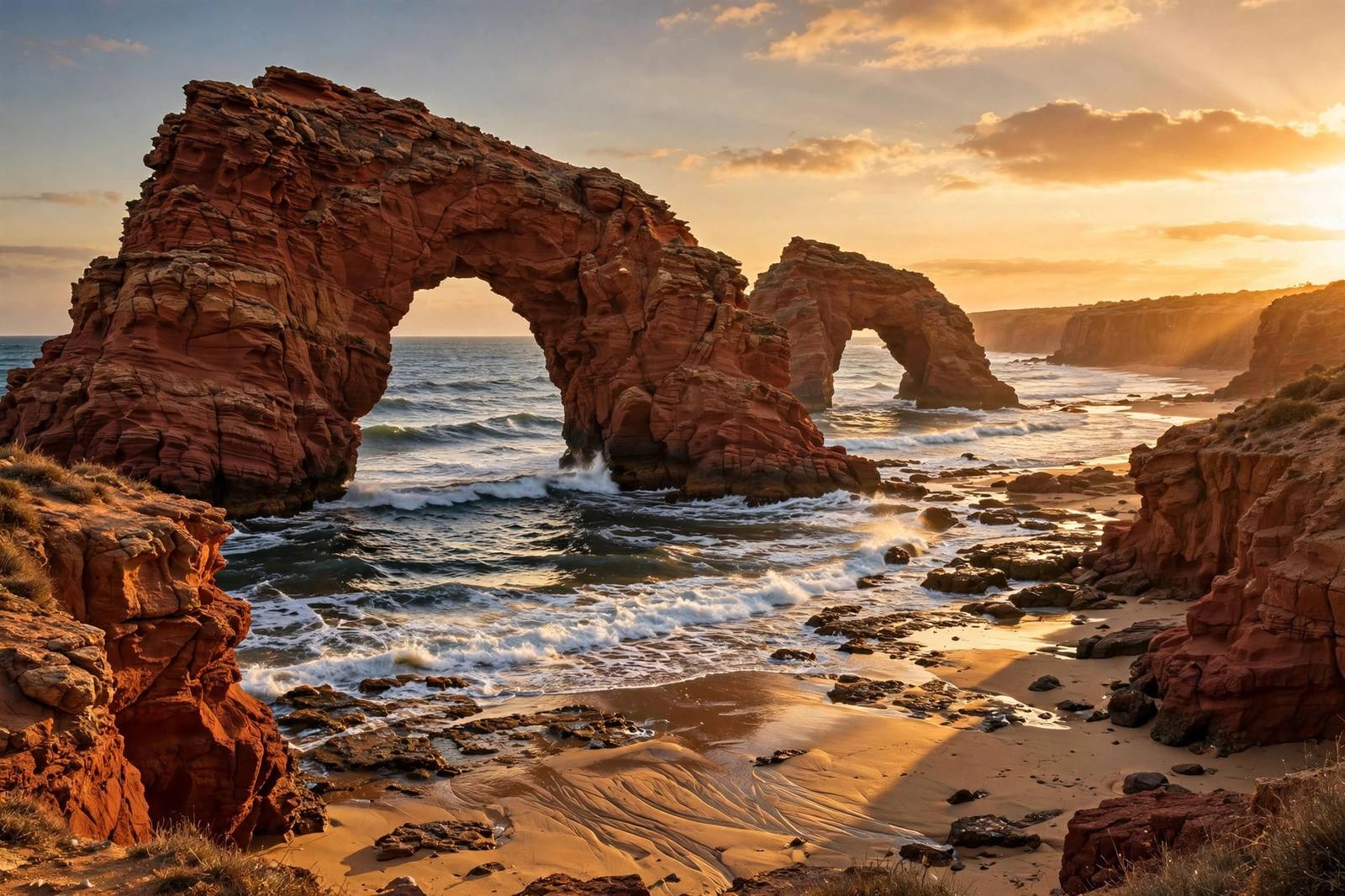 Legzira beach red sandstone arches over the ocean