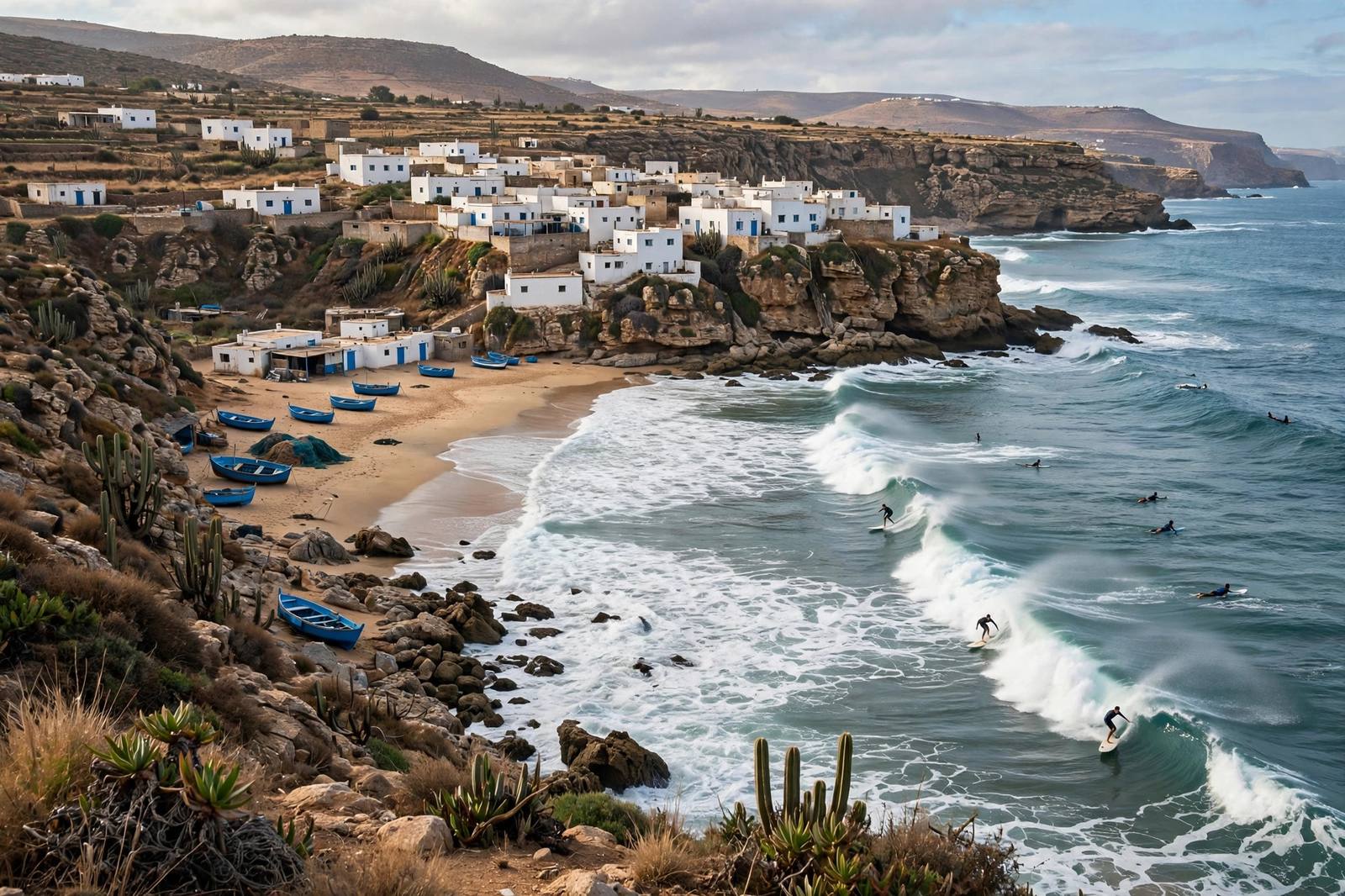 Surfers on waves at Taghazout Morocco