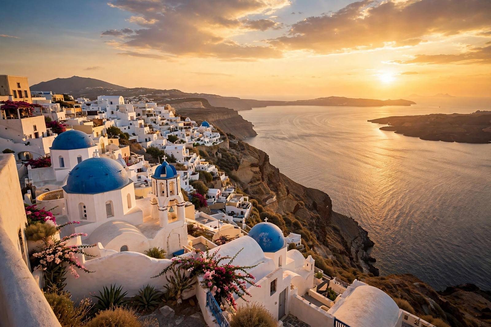 Oia Santorini at sunset in peak summer