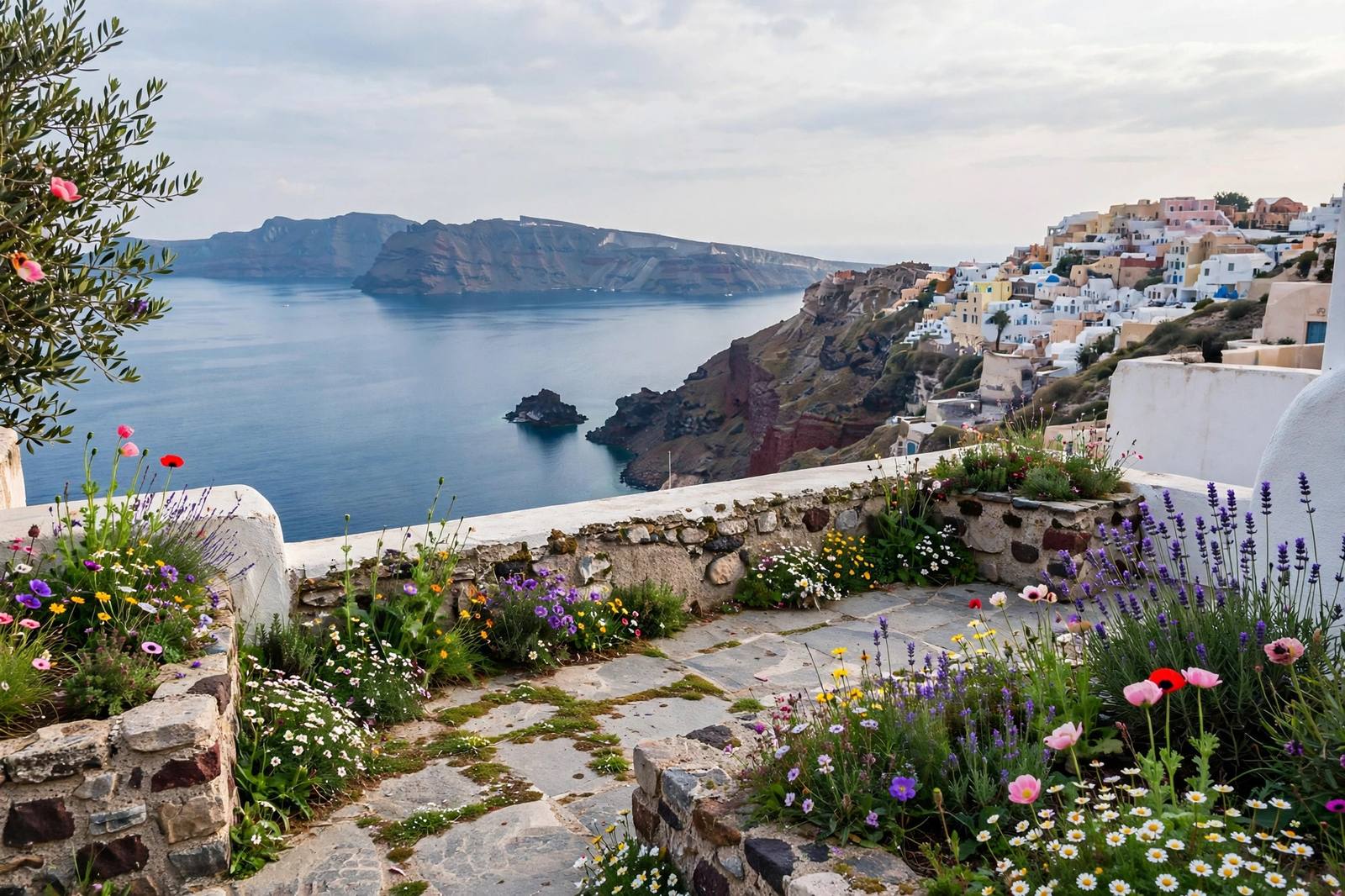 Empty Santorini caldera terrace with wildflowers in spring
