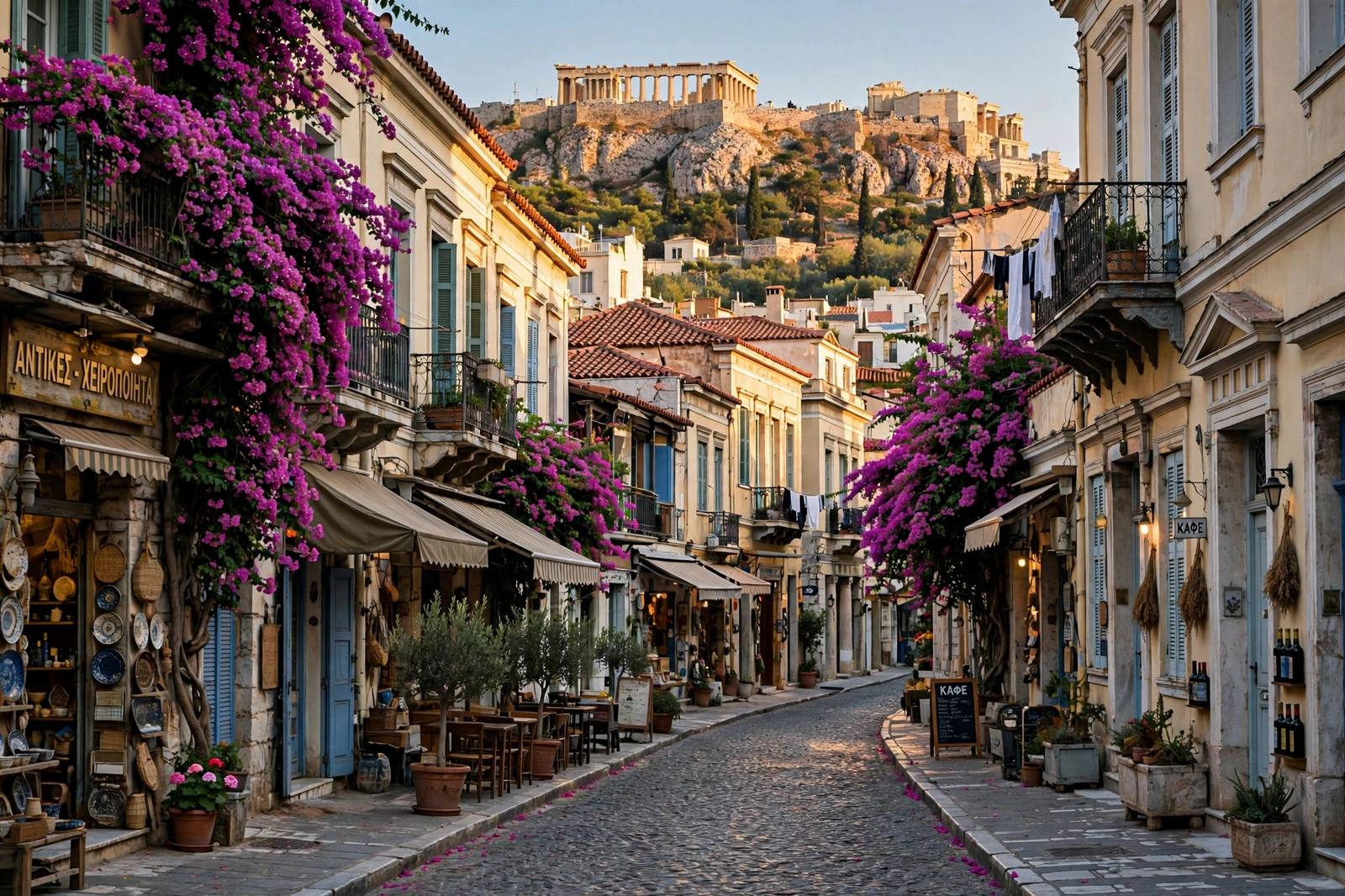Narrow cobblestone street in Plaka neighborhood with the Acropolis above, Athens, Greece