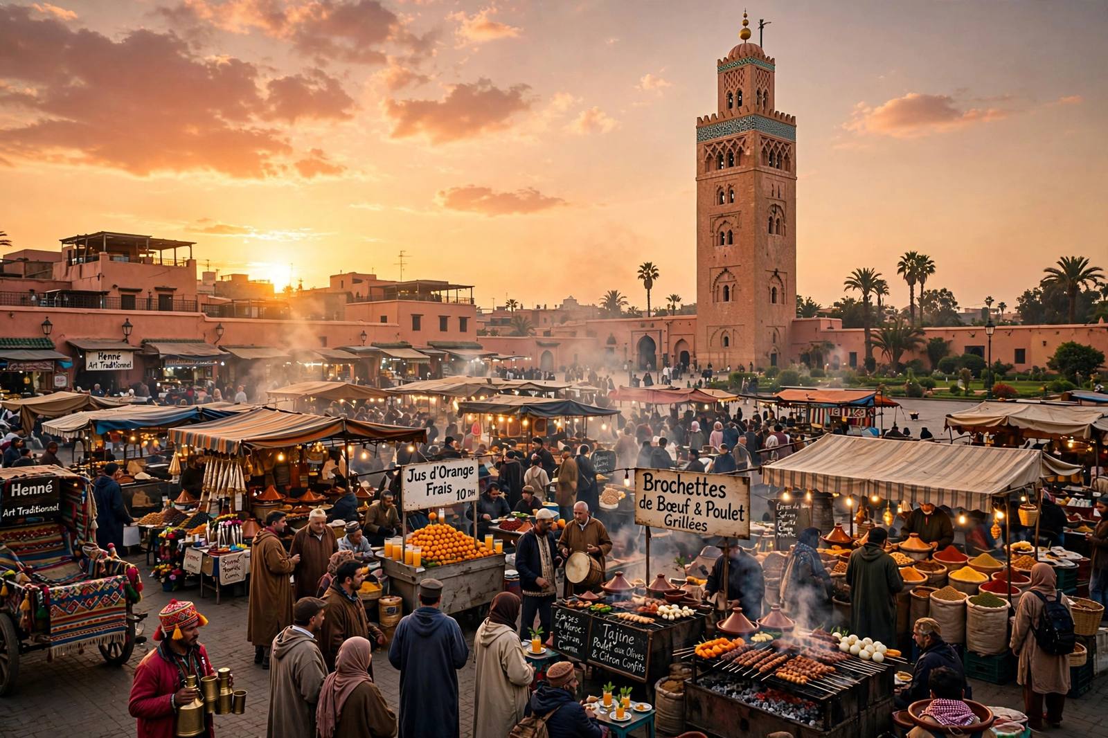 Jemaa el-Fnaa square with Koutoubia minaret at sunset, Marrakech, Morocco