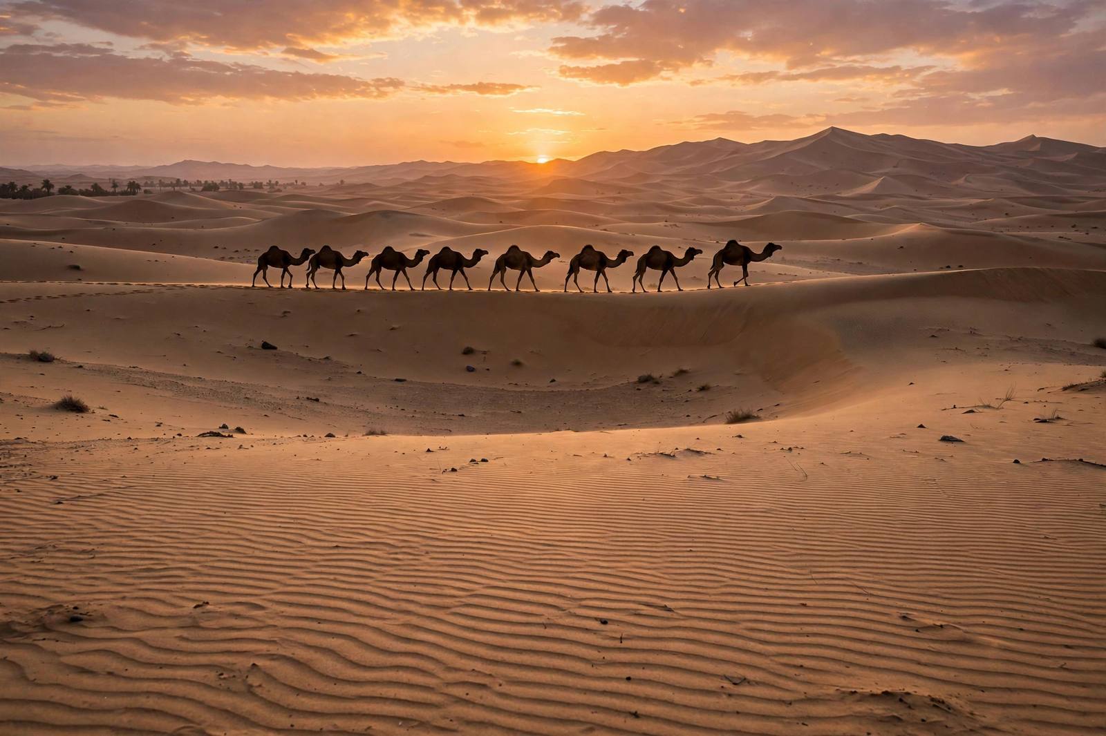 Camel caravan crossing Sahara dunes near Douz at sunset