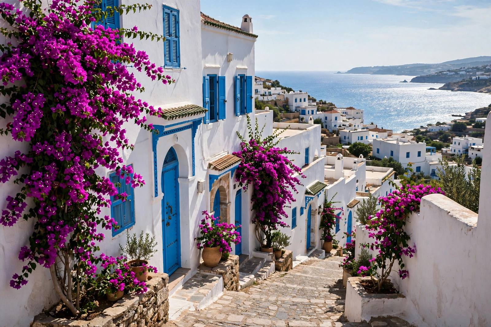 Blue doors and whitewashed houses in Sidi Bou Said overlooking the Mediterranean