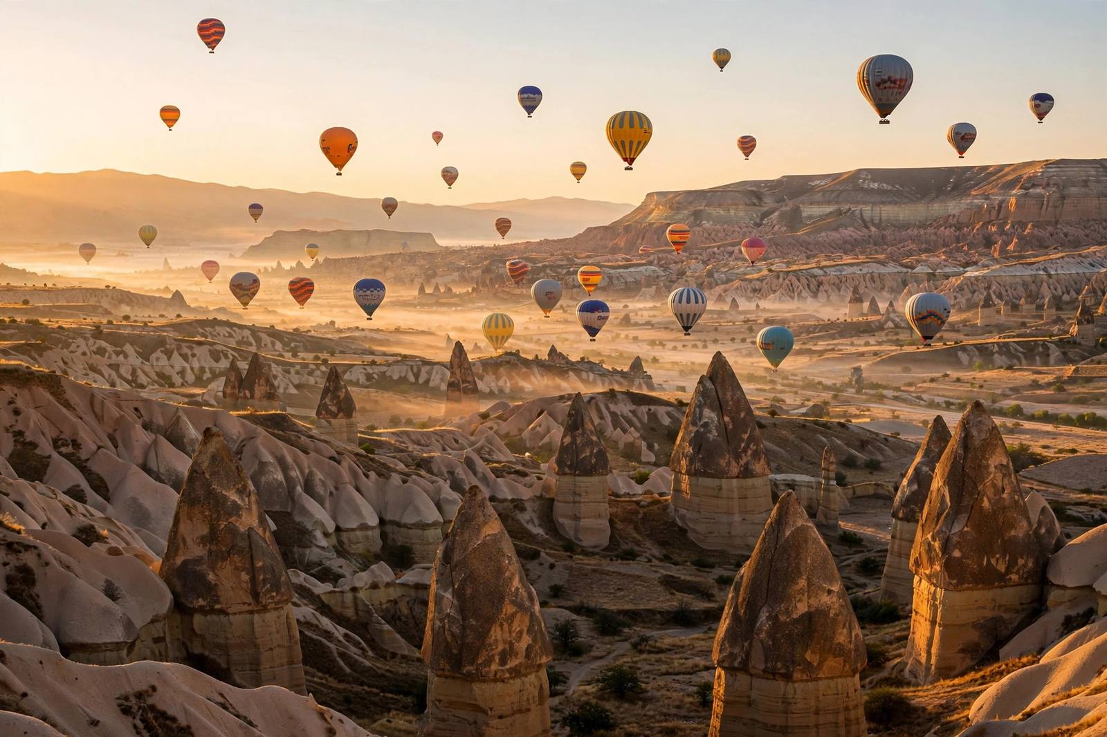 Hot air balloons over Cappadocia fairy chimneys at sunrise